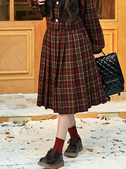 Christmas Red Plaid College Style Autumn Winter Daily Versatile Kawaii Fashion Woolen Long Pleated Skirt