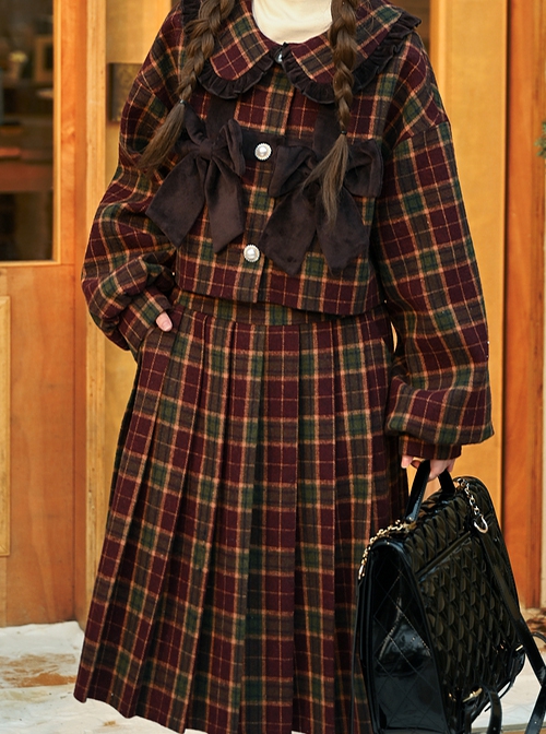 Christmas Red Plaid College Style Autumn Winter Daily Versatile Kawaii Fashion Woolen Long Pleated Skirt