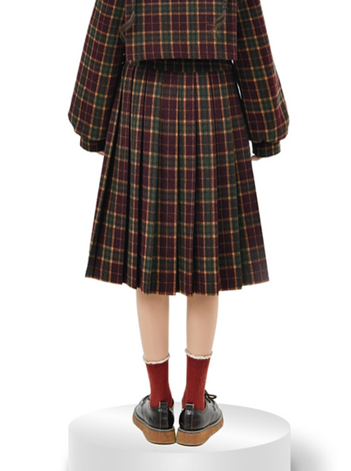 Christmas Red Plaid College Style Autumn Winter Daily Versatile Kawaii Fashion Woolen Long Pleated Skirt