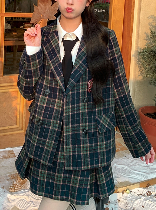 College Style Metal Badge Daily Commute Christmas Green Plaid Autumn Winter Kawaii Fashion Lapel Blazer Coat