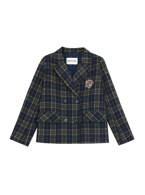 College Style Metal Badge Daily Commute Christmas Green Plaid Autumn Winter Kawaii Fashion Lapel Blazer Coat