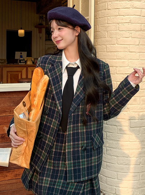 College Style Metal Badge Daily Commute Christmas Green Plaid Autumn Winter Kawaii Fashion Lapel Blazer Coat