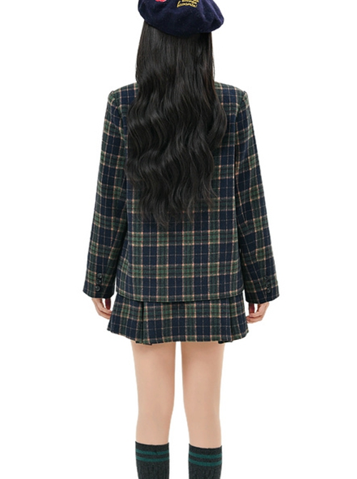 College Style Metal Badge Daily Commute Christmas Green Plaid Autumn Winter Kawaii Fashion Lapel Blazer Coat