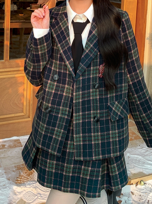 College Style Simple Commuting Versatile Christmas Green Plaid Autumn Winter Woolen Kawaii Fashion Pleated Skirt