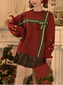 New Year Christmas Gift Ribbon Bowknot Gingerbread Wine Red Retro Kawaii Fashion Lantern Sleeves Knitted Sweater