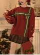 New Year Christmas Gift Ribbon Bowknot Gingerbread Wine Red Retro Kawaii Fashion Lantern Sleeves Knitted Sweater