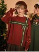 New Year Christmas Gift Ribbon Bowknot Gingerbread Wine Red Retro Kawaii Fashion Lantern Sleeves Knitted Sweater