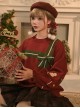 New Year Christmas Gift Ribbon Bowknot Gingerbread Wine Red Retro Kawaii Fashion Lantern Sleeves Knitted Sweater