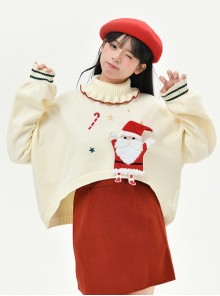 Christmas White Turtle Neck Ruffled Knitted Star Santa Claus Festive Loose Lantern Sleeve Kawaii Fashion Pullover Sweater