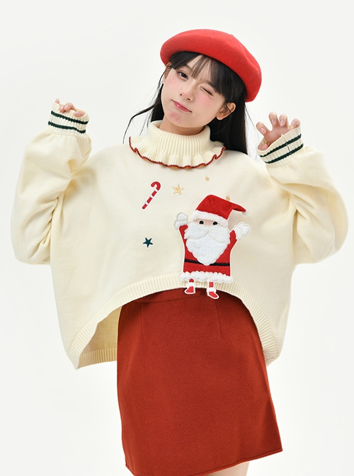 Christmas White Turtle Neck Ruffled Knitted Star Santa Claus Festive Loose Lantern Sleeve Kawaii Fashion Pullover Sweater