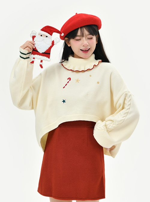 Christmas White Turtle Neck Ruffled Knitted Star Santa Claus Festive Loose Lantern Sleeve Kawaii Fashion Pullover Sweater