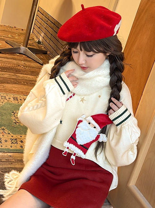 Christmas White Turtle Neck Ruffled Knitted Star Santa Claus Festive Loose Lantern Sleeve Kawaii Fashion Pullover Sweater