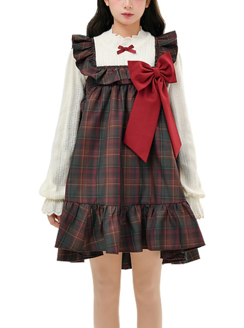 Autumn Winter Retro Sweet Ruffled Neckline Christmas Reddish Brown Plaid Big Bowknot Kawaii Fashion Vest Dress