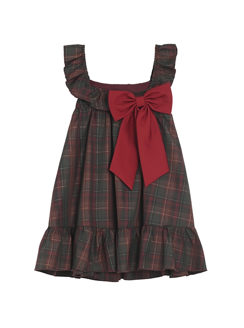 Autumn Winter Retro Sweet Ruffled Neckline Christmas Reddish Brown Plaid Big Bowknot Kawaii Fashion Vest Dress