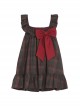 Autumn Winter Retro Sweet Ruffled Neckline Christmas Reddish Brown Plaid Big Bowknot Kawaii Fashion Vest Dress