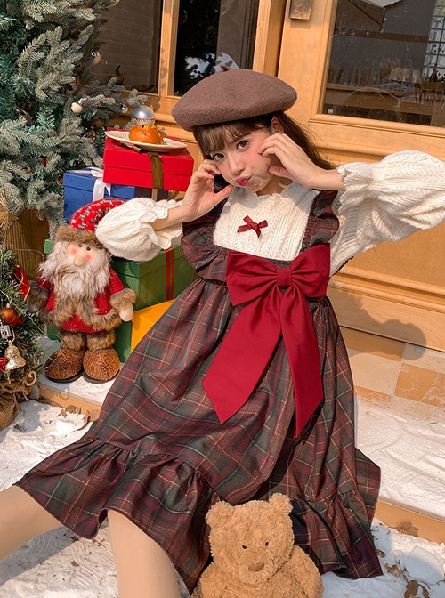 Autumn Winter Retro Sweet Ruffled Neckline Christmas Reddish Brown Plaid  Big Bowknot Kawaii Fashion Vest Dress