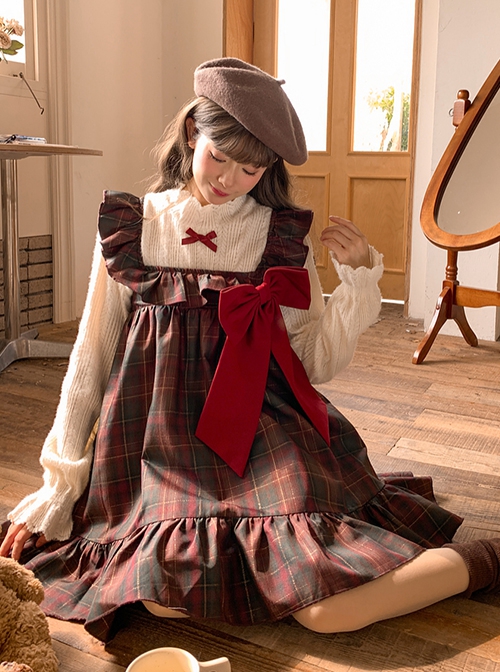 Autumn Winter Retro Sweet Ruffled Neckline Christmas Reddish Brown Plaid Big Bowknot Kawaii Fashion Vest Dress