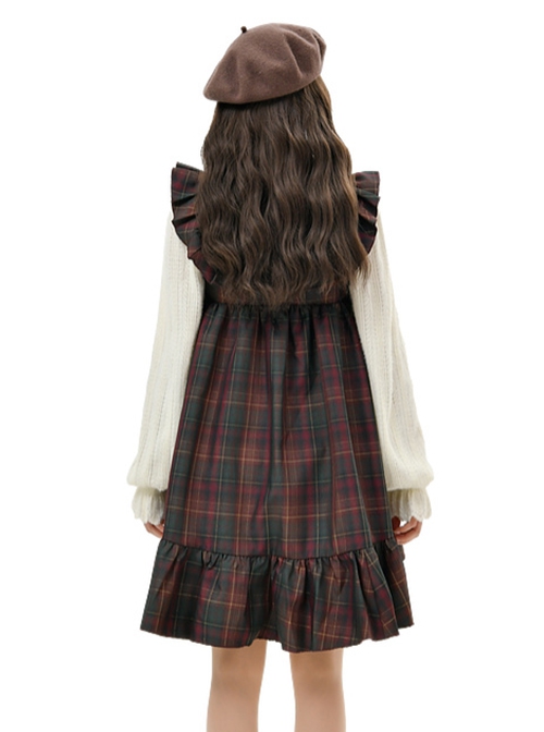 Autumn Winter Retro Sweet Ruffled Neckline Christmas Reddish Brown Plaid Big Bowknot Kawaii Fashion Vest Dress