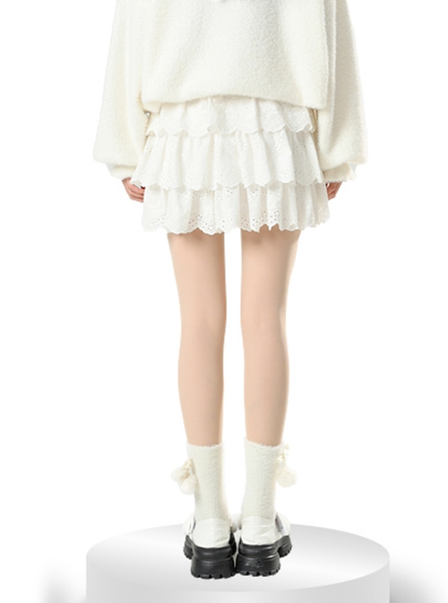 Basic Daily Versatile Fluffy Lace Sweet Cute Cake Skirt Pure Cotton Soft Kawaii Fashion High Waist White Skirt