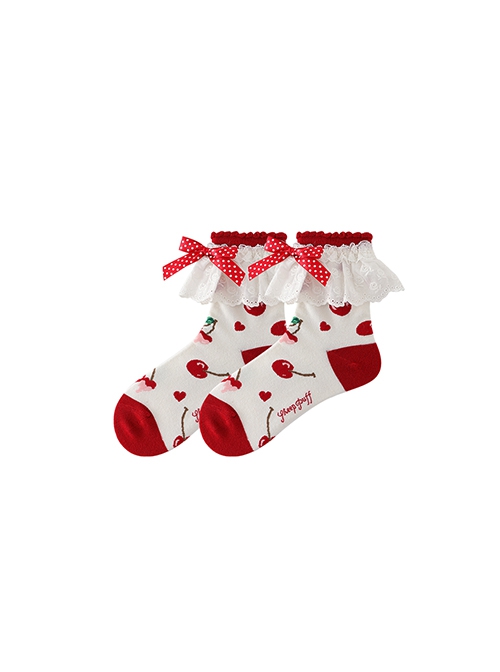 Cute Girl Daily Versatile Bowknot Polka Dot White Lace Red Cherry Short Cotton Sweet Lolita Socks