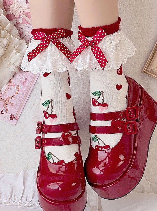 Cute Girl Daily Versatile Bowknot Polka Dot White Lace Red Cherry Short Cotton Sweet Lolita Socks