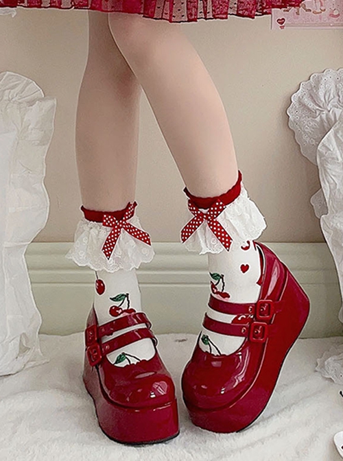 Cute Girl Daily Versatile Bowknot Polka Dot White Lace Red Cherry Short Cotton Sweet Lolita Socks