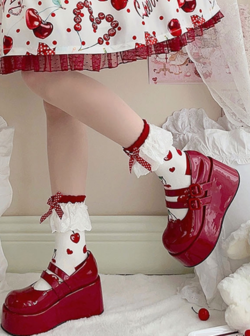 Cute Girl Daily Versatile Bowknot Polka Dot White Lace Red Cherry Short Cotton Sweet Lolita Socks