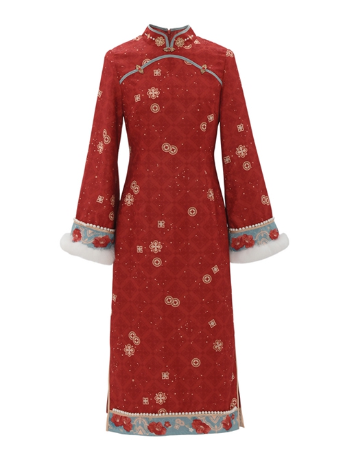 Bunny God Wealth Series Auspicious Meaning Happy New Year Chinese Style Copper Coins Print Traditional Retro Red Cheongsam Dress