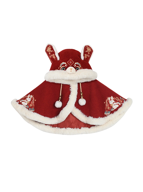 Chinese Style New Year Fortune Rabbit Red Cute Bunny Embroidery Hairball Woolen Plush Warm Hooded Coat Cape