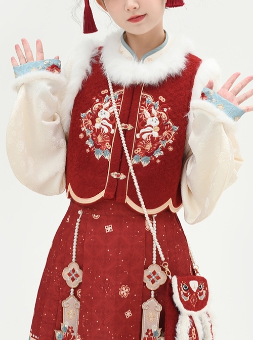 New Chinese Style New Year Red Festive Fashionable Auspicious Rabbit Embroidery Plush Kawaii Fashion Vest