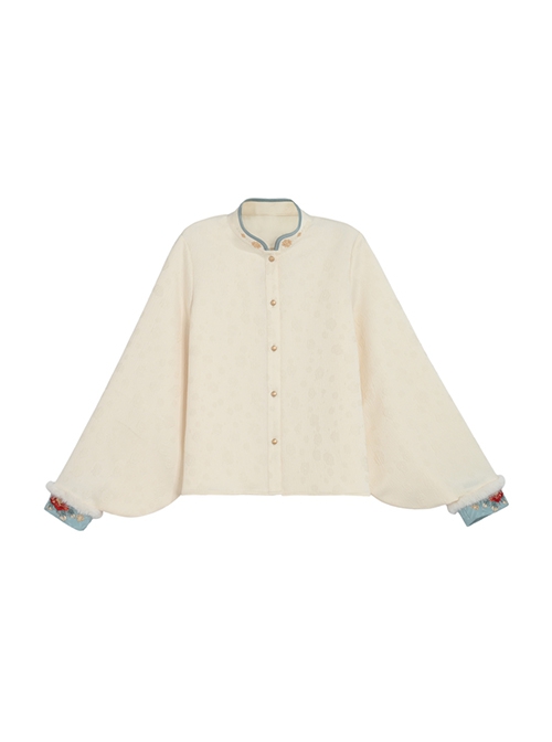 Autumn Winter Chinese Style Simple Elegant Daily Commuting Apricot Round Neck Loose Lantern Sleeves Shirt