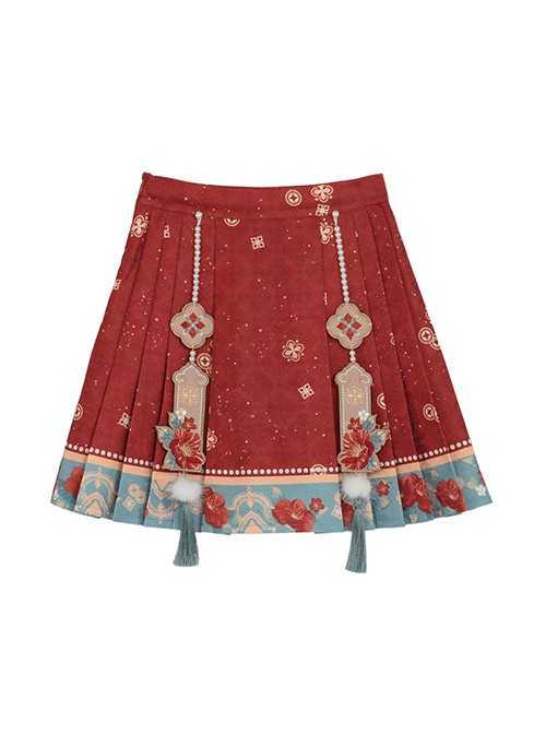 Chinese Style Autumn Winter Auspicious White Rabbit Flower Traditional Patterns Print Embroidery Red New Year Pleated Short Skirt