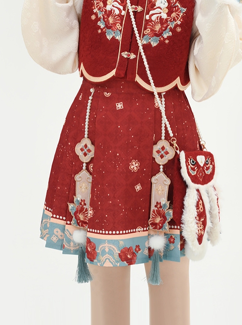 Chinese Style Autumn Winter Auspicious White Rabbit Flower Traditional Patterns Print Embroidery Red New Year Pleated Short Skirt