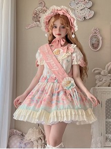 Rotating Wooden Duck Series Sweet Adorable Doll Print Childlike Ribbon Apricot Pink Sweet Lolita Dress OP Set