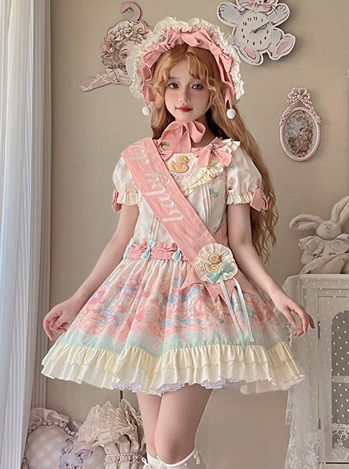 Rotating Wooden Duck Series Sweet Adorable Doll Print Childlike Ribbon Apricot Pink Sweet Lolita Dress OP Set