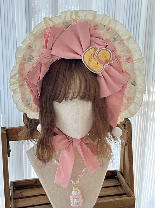 Rotating Wooden Duck Series Sweet Adorable Doll Print Childlike Ribbon Apricot Pink Sweet Lolita Dress OP Set