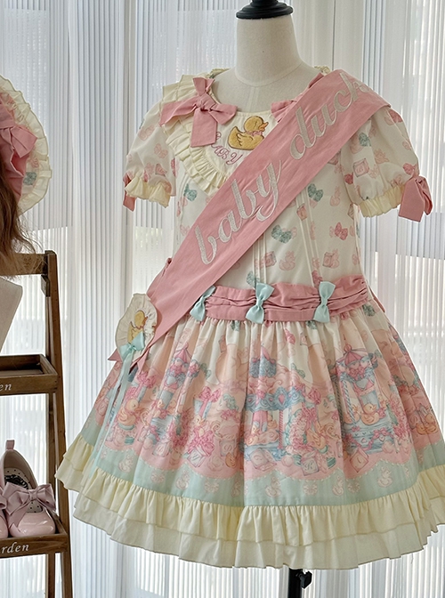 Rotating Wooden Duck Series Sweet Adorable Doll Print Childlike Ribbon Apricot Pink Sweet Lolita Dress OP Set