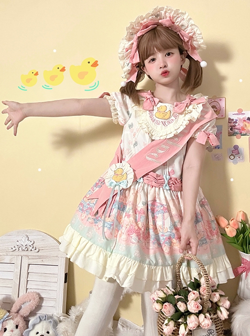 Rotating Wooden Duck Series Sweet Adorable Doll Print Childlike Ribbon Apricot Pink Sweet Lolita Dress OP Set