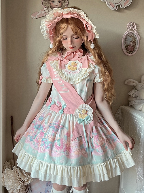 Rotating Wooden Duck Series Sweet Adorable Doll Print Childlike Ribbon Apricot Pink Sweet Lolita Dress OP Set