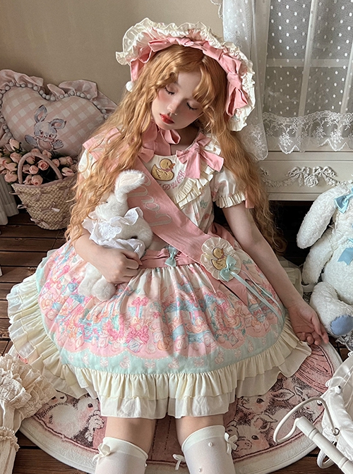 Rotating Wooden Duck Series Sweet Adorable Doll Print Childlike Ribbon Apricot Pink Sweet Lolita Dress OP Set