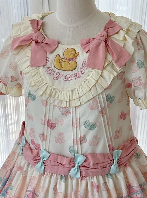 Rotating Wooden Duck Series Sweet Adorable Doll Print Childlike Ribbon Apricot Pink Sweet Lolita Dress OP Set