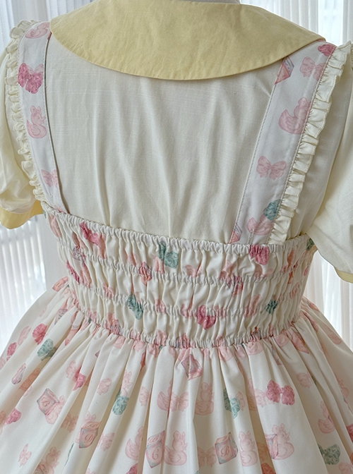 Rotating Wooden Duck Series Sweet Adorable Doll Print Childlike Ribbon Apricot Pink Sweet Lolita Dress OP Set