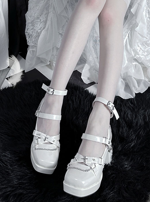 Elegant Patent Leather Glossy Y2K Cool Subculture Metal Chain Hottie Punk Gothic Lolita Square Head Thick High Heels Shoes