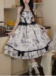 Elegant Vintage Apricot Ruffled Bowknot Lace Ribbon Purple Rose Print Classic Lolita Sleeveless Dress JSK