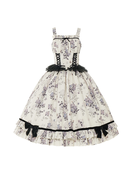 Elegant Vintage Apricot Ruffled Bowknot Lace Ribbon Purple Rose Print Classic Lolita Sleeveless Dress JSK