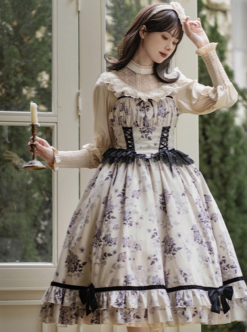 Elegant Vintage Apricot Ruffled Bowknot Lace Ribbon Purple Rose Print Classic Lolita Sleeveless Dress JSK