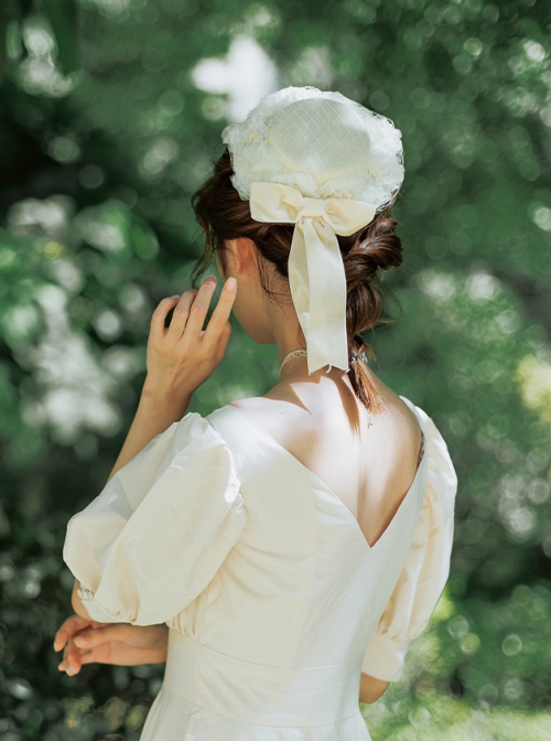 Apricot Ribbon Bowknot Elegant Handmade Vintage White Lace Antique Wedding Classic Lolita Hair Clip Hat