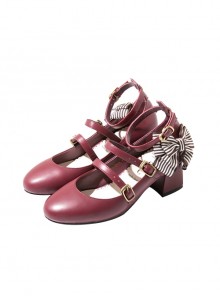 Three Buttons Elegant Vintage Mary Jane Striped Bowknot High Heels Classic Lolita Leather Shoes