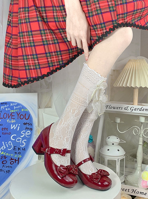 Exquisite Round Head Bowknot Small Dots Elegant Mary Jane Fairy Sweet Lolita Thick High Heels Patent Leather Shoes