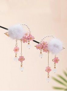 Pink Sakura White Fur Ball Pearl Hanfu Crystal Beads Antique Chinese Style Cute Accessories Hairpin